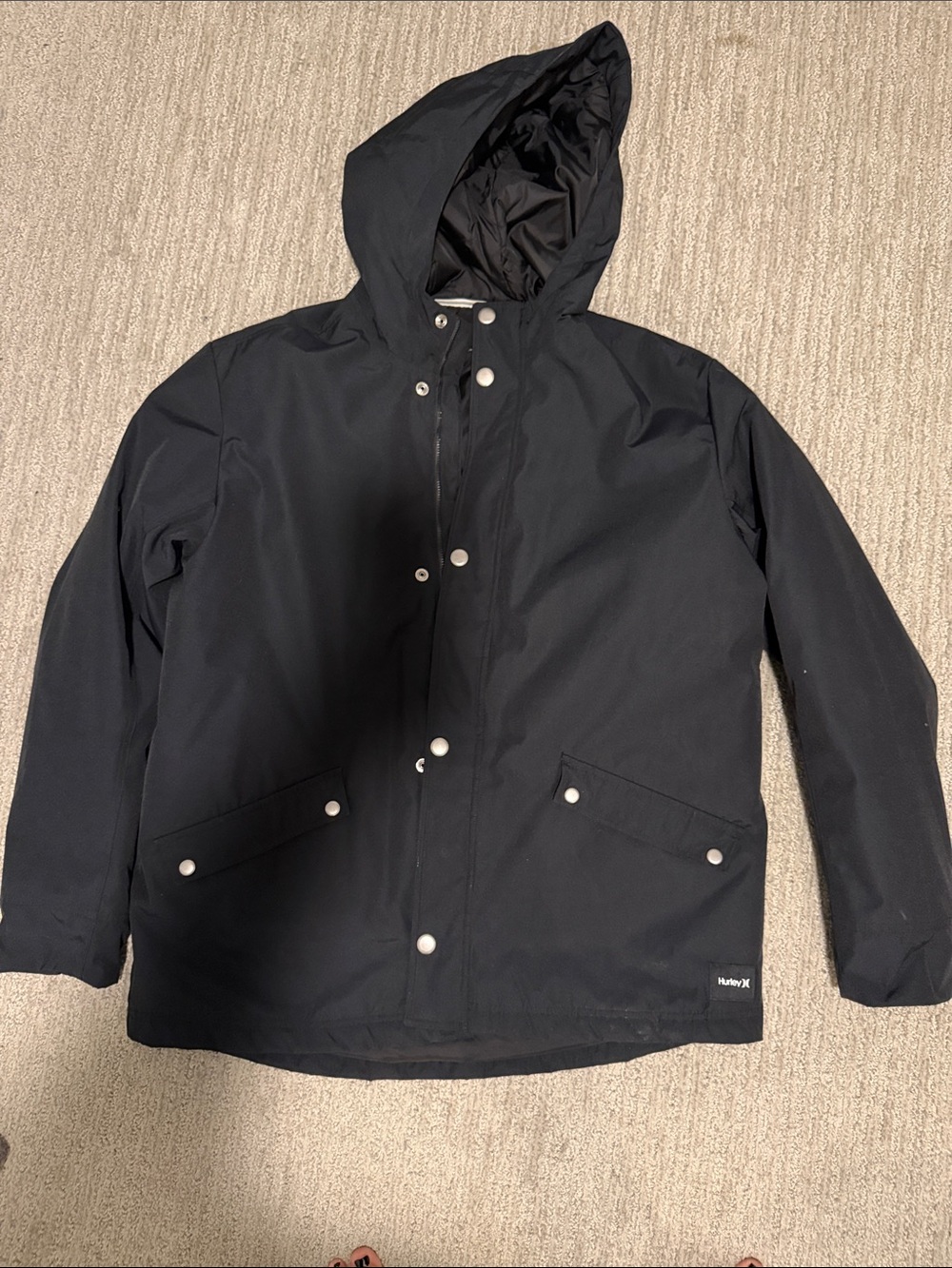 Hurley Black Hooded Rain Jacket with Snap & Zipper Closure